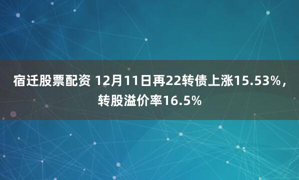 宿迁股票配资 12月11日再22转债上涨15.53%，转股溢价率16.5%